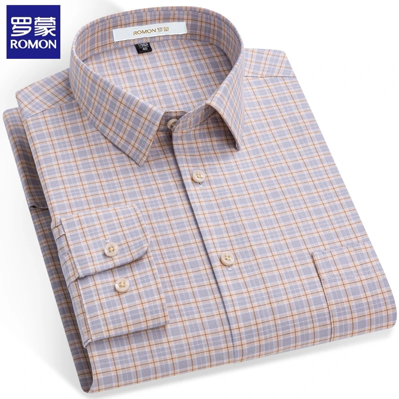 罗蒙男士高级感长袖格子衬衫秋季新款100%纯棉牛津纺爆款休闲衬衣
