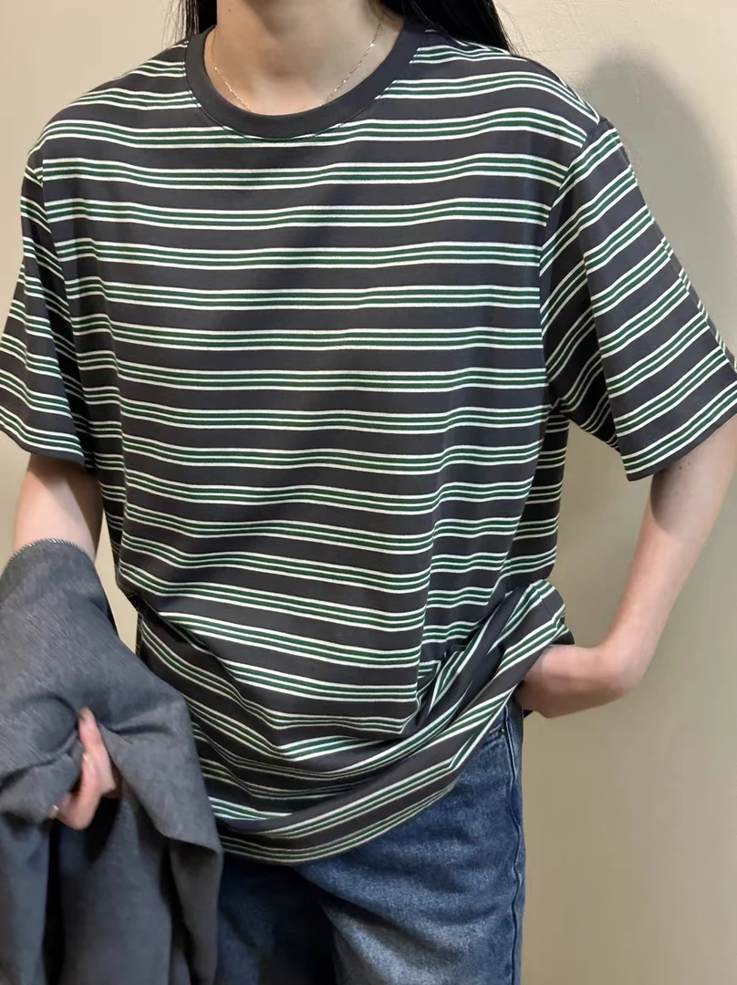 灰绿色拼色条纹纯棉圆领短袖