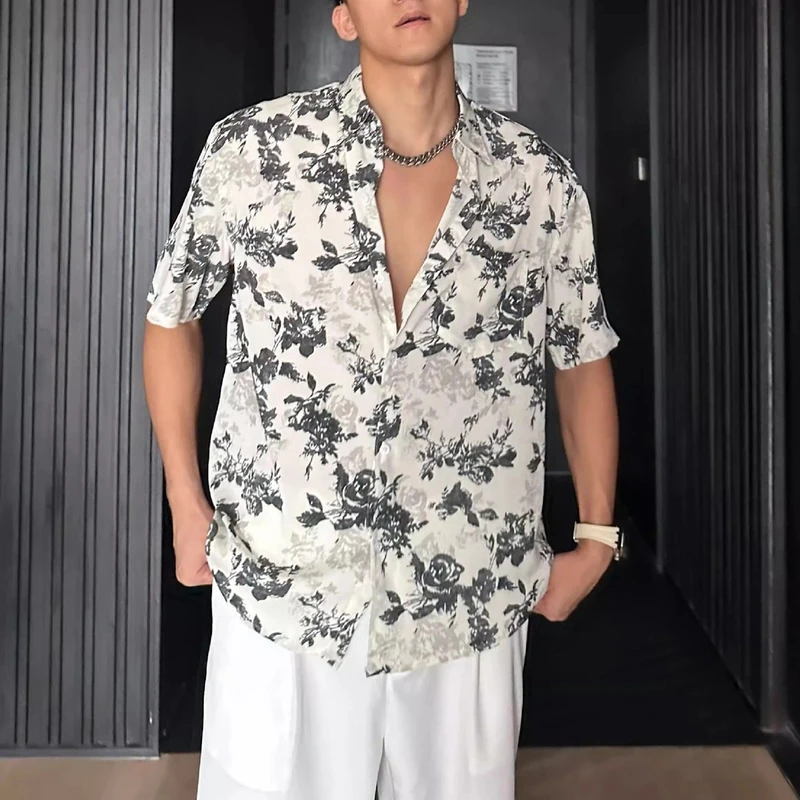 夏季轻薄透气夏威夷度假风休闲潮流港风帅气垂坠短袖印花花衬衫男