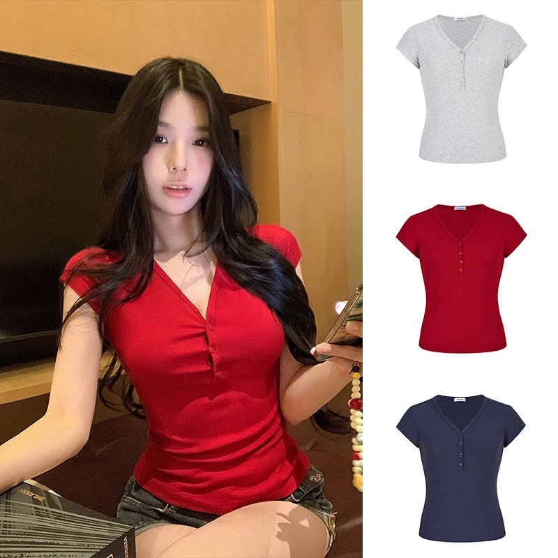 Moses Queen/魔西女王美式复古V领排扣短袖T恤修身显瘦短款上衣