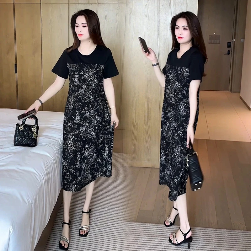 大码女装夏季新款宽松减龄拼接碎花中长款裙子胖mm遮肚显瘦连衣裙