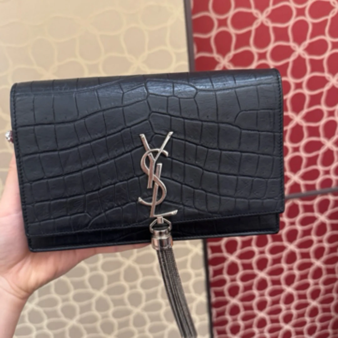95新 YSL/圣罗兰 包展专属 ysl 黑银压纹流苏小号