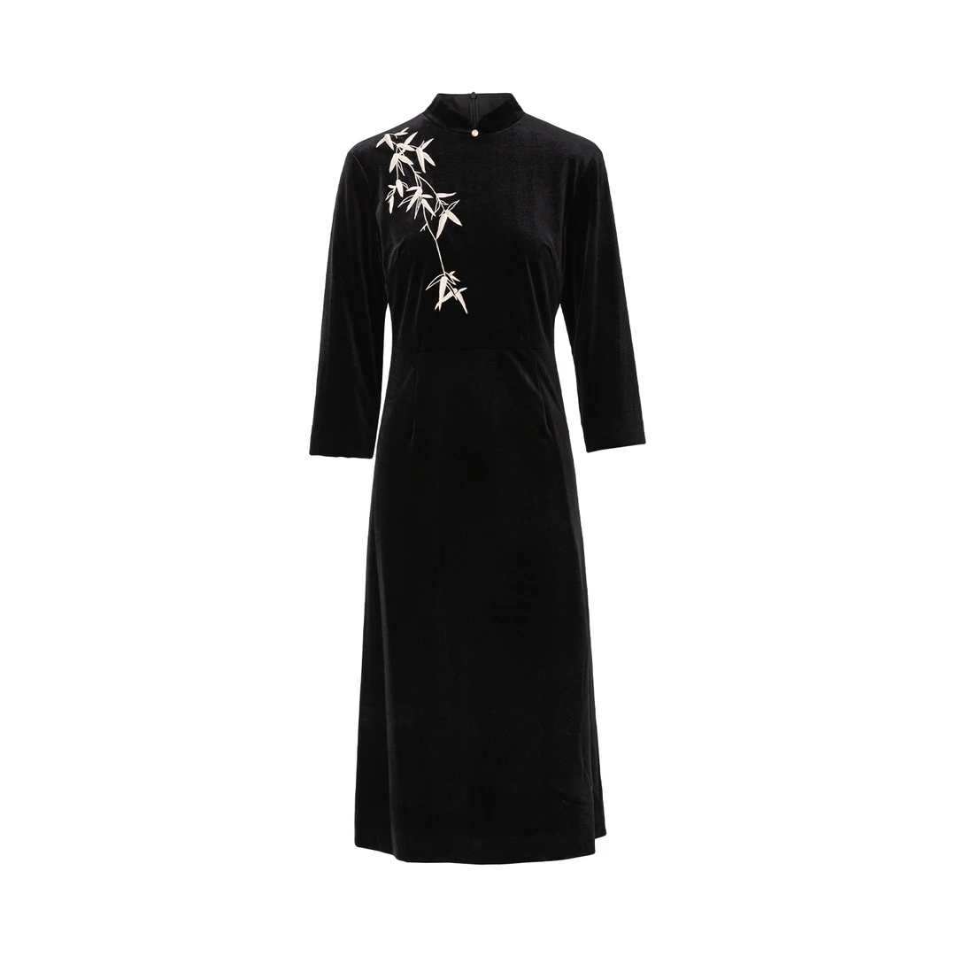 【iditto品牌-晨】2025新款长裙刺绣旗袍优雅金丝黑色显瘦GWCD839