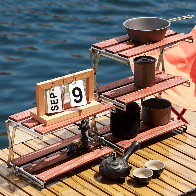 露营实木折叠置物架架子户外咖啡架桌面收纳架多层支架可折叠野外