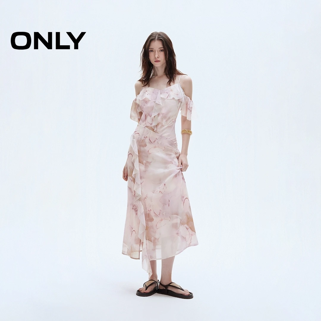 ONLY2025夏季新款度假荷叶边开衩V领细吊带连衣裙女|125207043