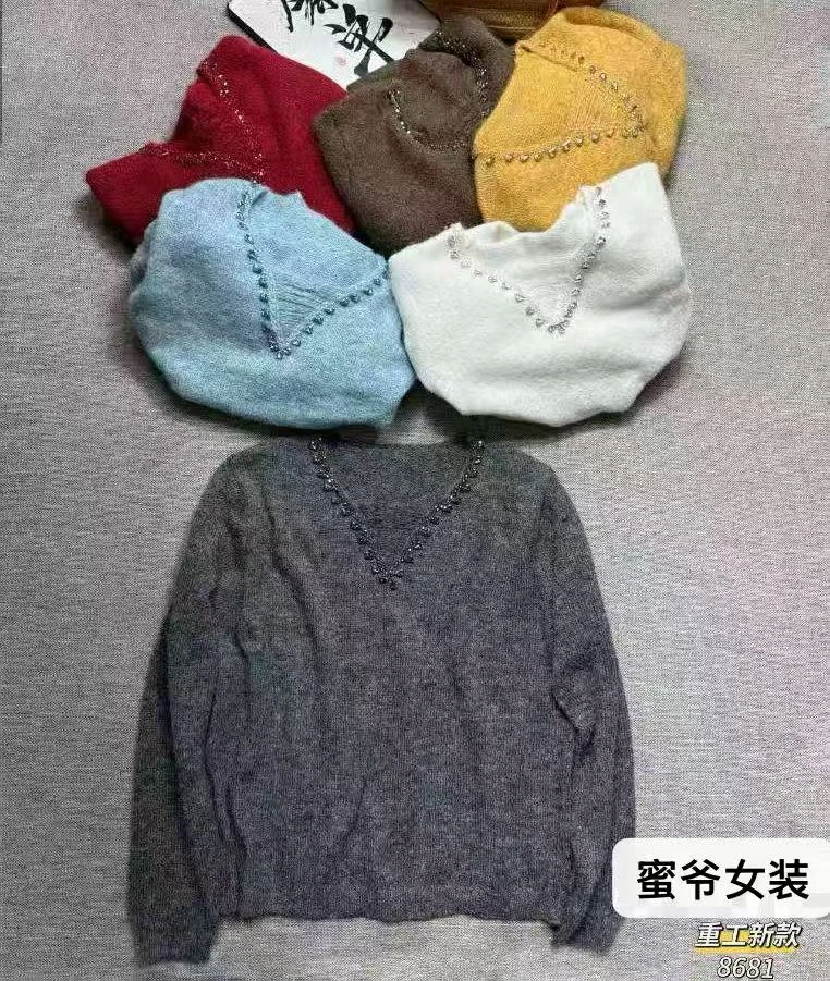 【蜜爷家】冬款V领带钻毛衣8681#