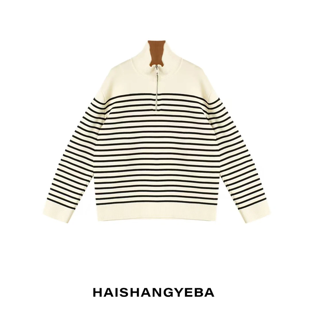 【海上叶爸】新款2025秋冬百搭绵羊毛宽松条纹半拉链长袖毛衣