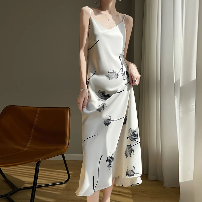 重磅仿真丝连衣裙女V领吊带裙醋酸爆款夏季打底印花睡裙长裙
