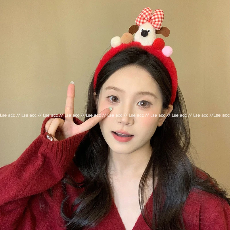 欢喜~可爱红色毛绒洗脸发箍女2025新款高级感宽边头箍ins防滑头饰