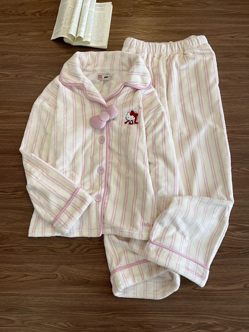 【DMXJ大梦想家】韩系甜美条纹法兰绒睡衣女秋冬季款舒适家居服套装