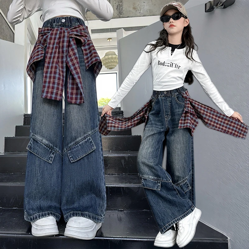 女童秋款可拆卸格子屁帘拼接牛仔裤2025新款大童假两件宽松阔腿裤