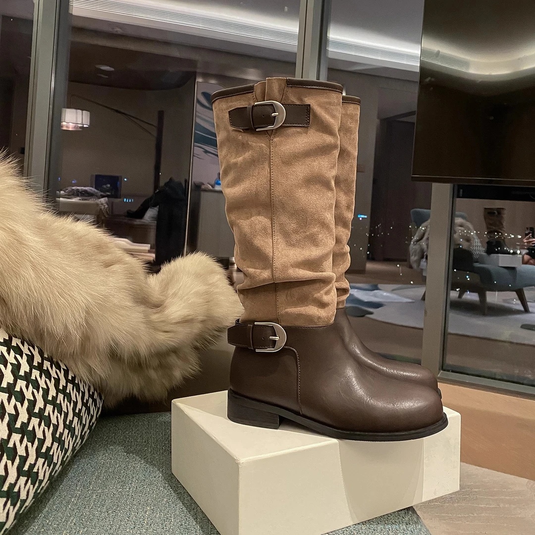 圆头拼接扣带粗跟西部骑士靴子女秋冬褶皱长筒堆堆靴