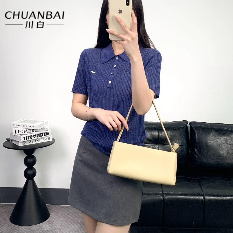 CHUANBAI 川白夏季新款时尚休闲显瘦亚麻polo领百搭短袖女-80622