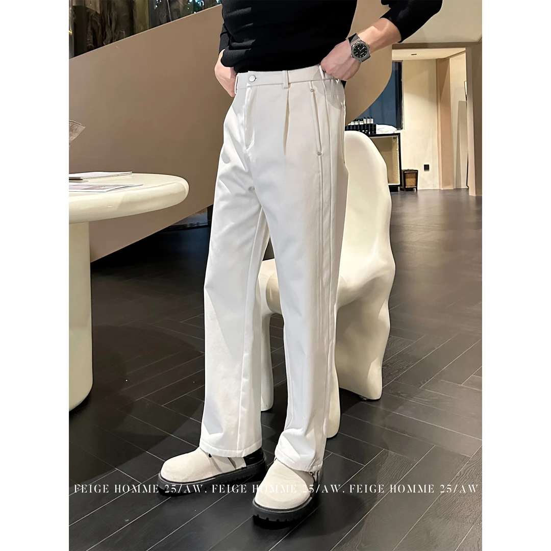 APENG冬季 『纯棉加绒』立体褶位高级质感保暖直筒休闲裤#7849