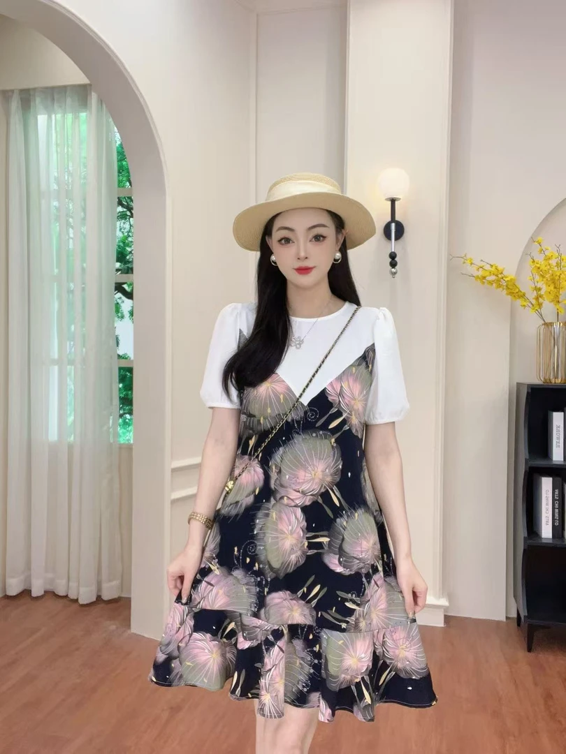『璀璨烟花』有口袋+腰带2025夏季新款拼接假两件气质连衣裙