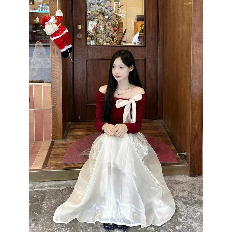 法式高级感气质一字肩连衣裙子女装早秋季2025新款小个子长裙套装