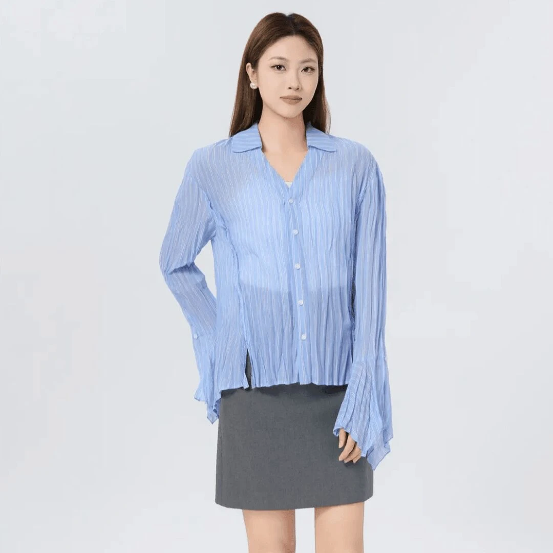 AMASS/阿玛施海报款褶皱花边长袖领子毛边设计款条纹衬衫女530026