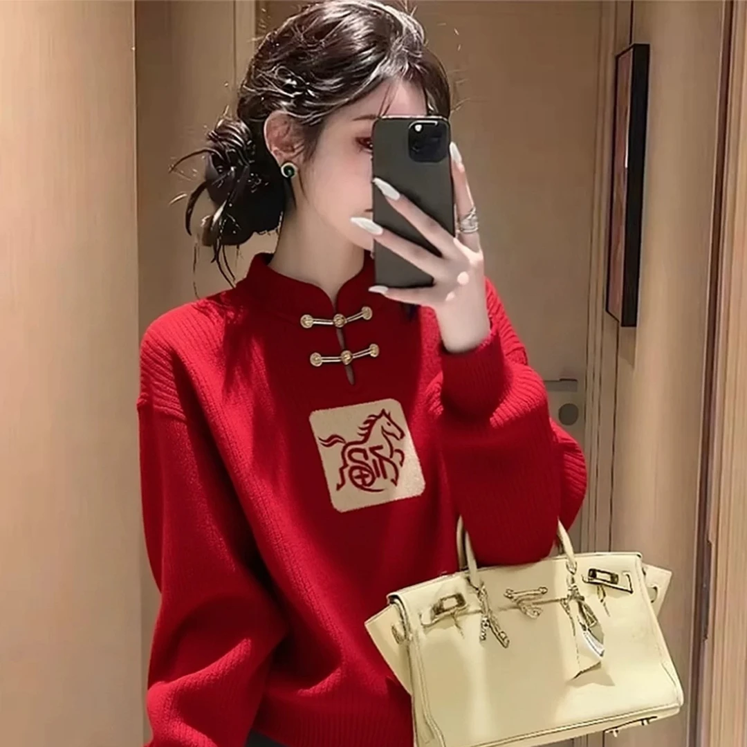 新中式国风盘扣白马红色圣诞毛衣女款2025新款冬季本命年马年衣服