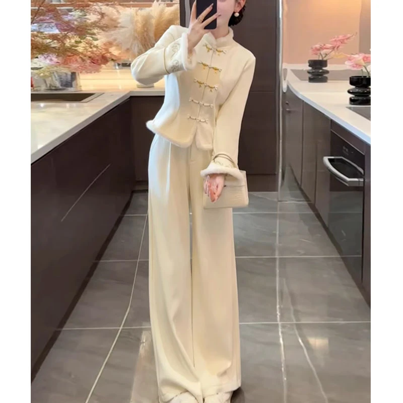 新中式国风时尚套装女秋季复古气质盘扣长袖上衣阔腿裤两件套秋冬