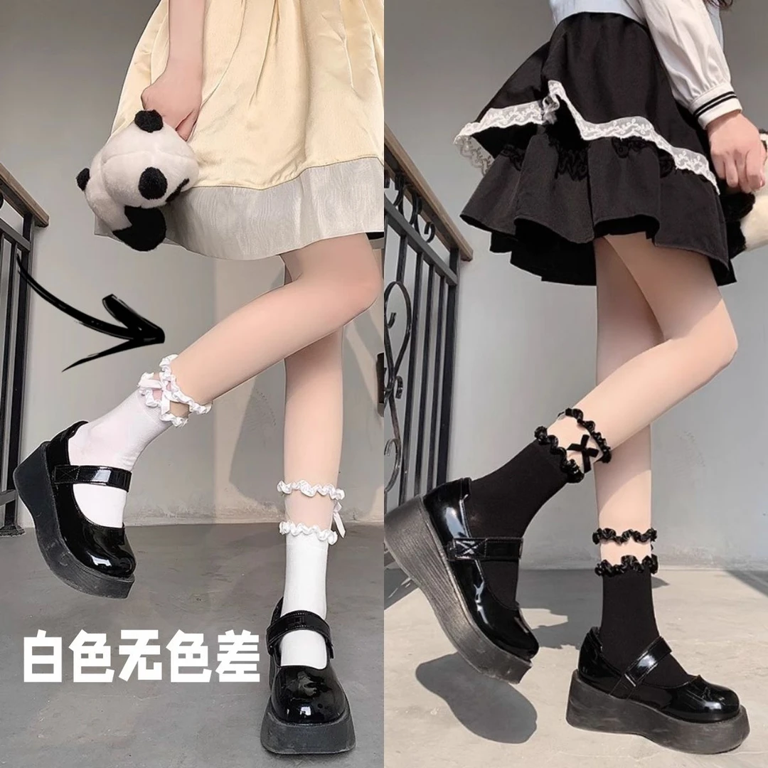 玛丽珍白色Lolita春夏款纯棉蕾丝花边中短筒甜可爱袜子女蝴蝶结jk
