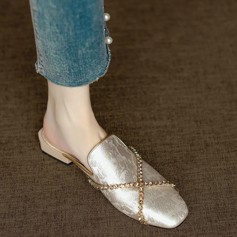 法式复古真皮包头凉拌拖鞋女新中式国风外穿后空平底单鞋舒适百搭