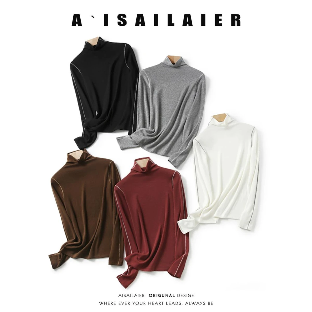 撞线天丝羊毛高领打底衫女秋冬新款显瘦亲肤薄绒保暖外穿长袖上衣