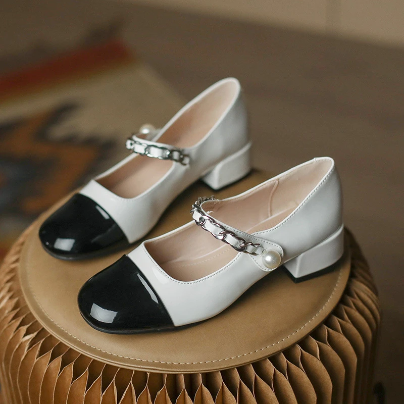 玛丽珍小皮鞋女法式复古拼色四季款粗跟公主风高跟鞋单鞋