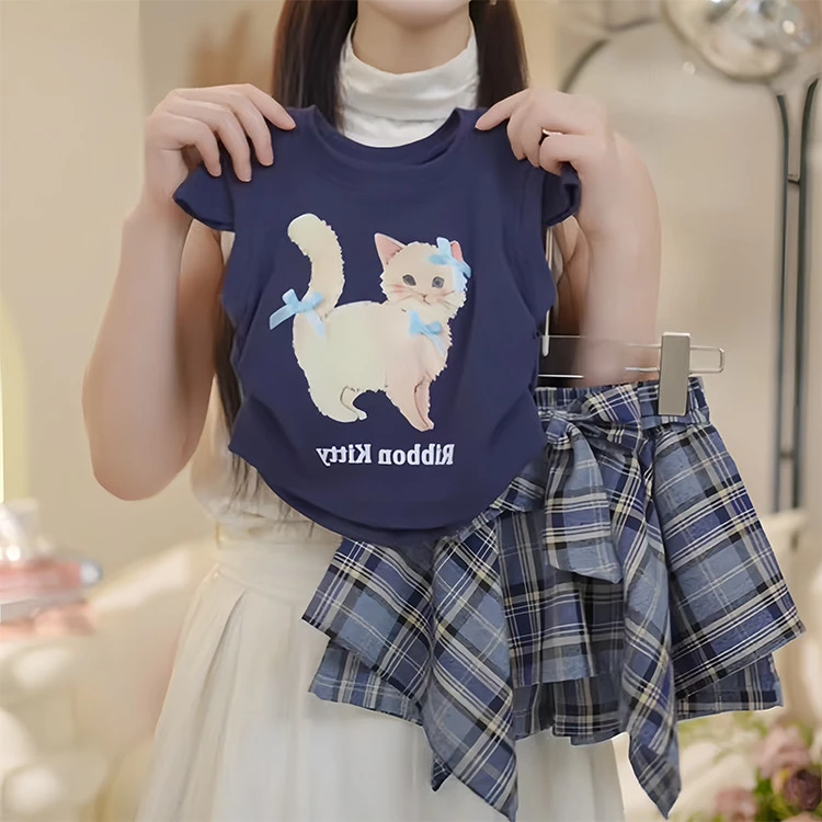 女 童套装2025新款夏季女宝宝洋气可爱猫背心T格子裙时髦两件套装