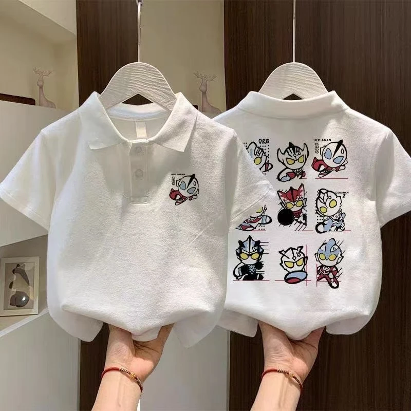 纯棉中小儿童男女童潮款纯色短袖polo领T恤衫奥特曼卡通印花童装