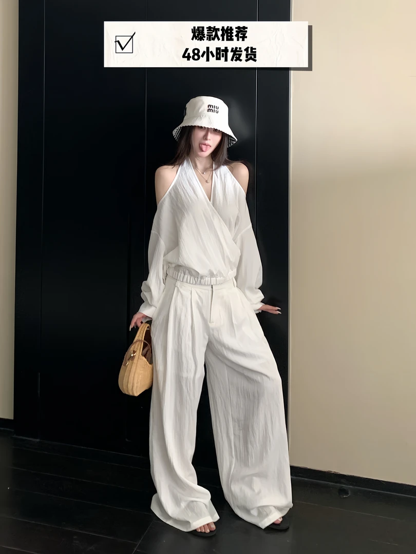 高级宽松夏季长袖大方长款白色薄款夏露肩上衣性感休闲裤套装气质