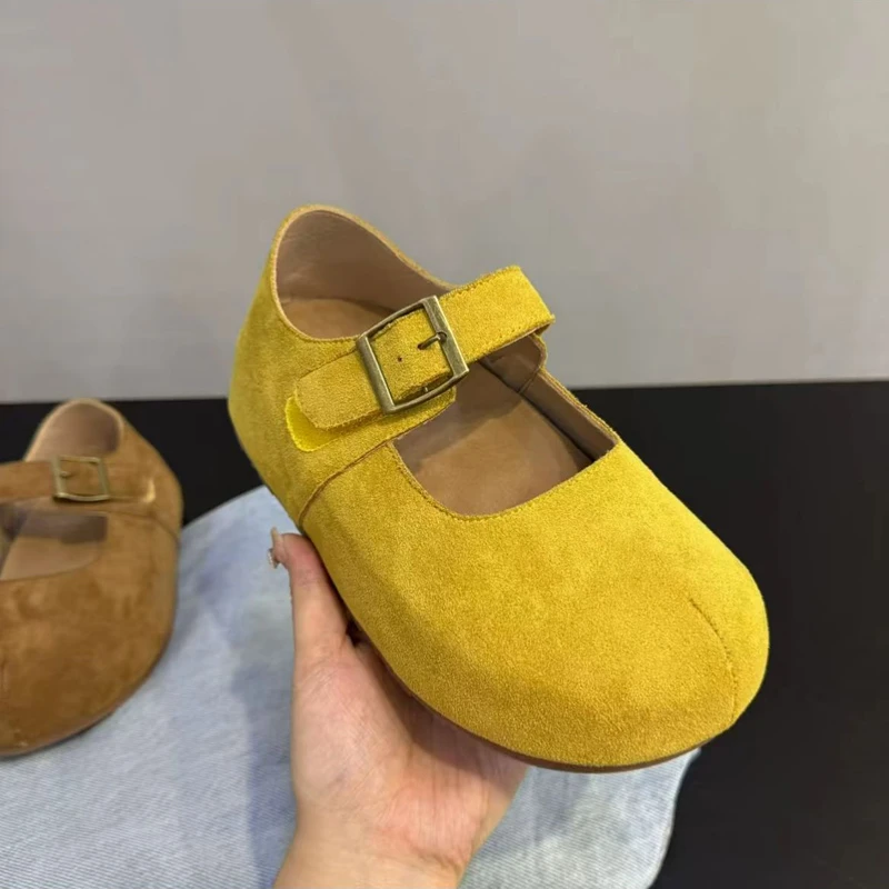 黄色复古磨砂勃肯鞋魔术贴一字带玛丽珍鞋芭蕾风百搭圆头平底单鞋
