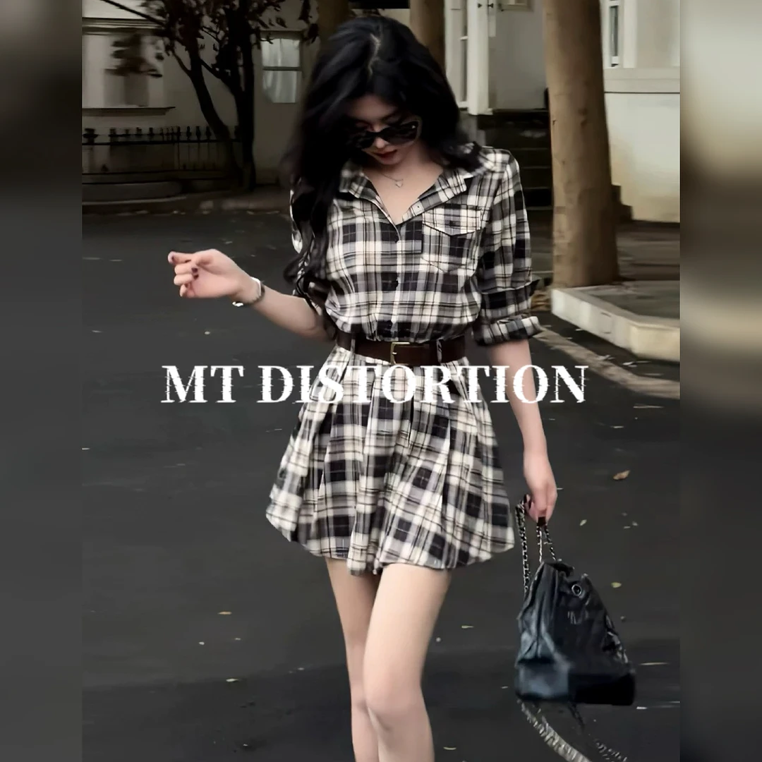 MT DISTORTION 复古收腰格子连衣裙（带腰带）