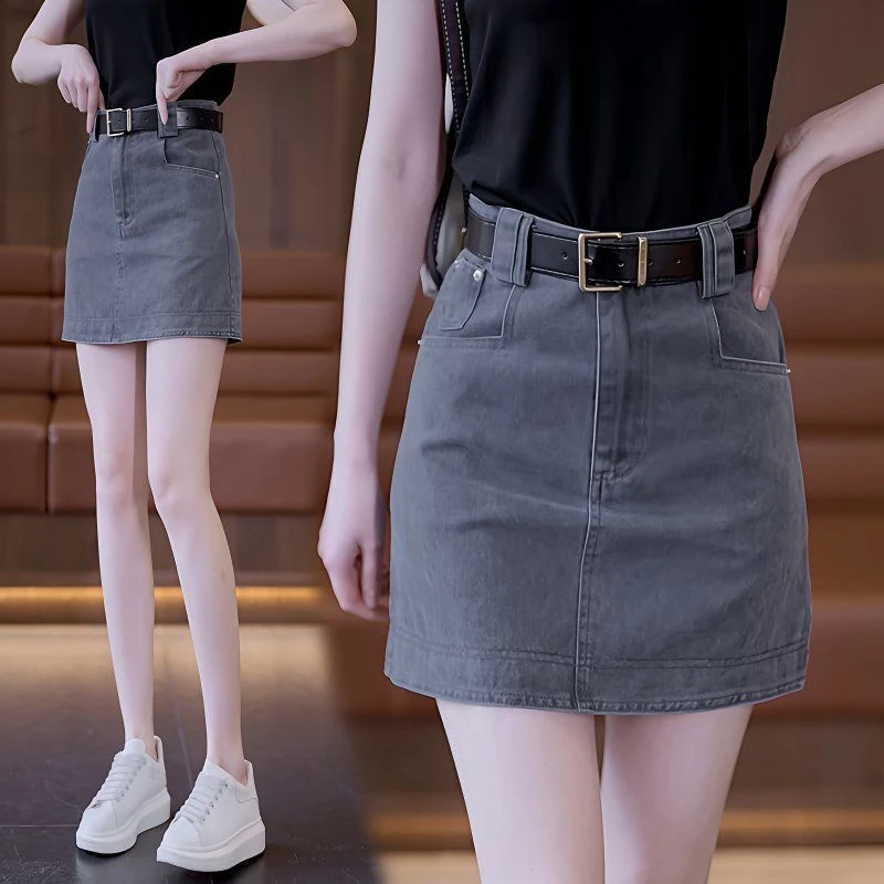 灰色高腰牛仔短裙女2025年新款夏季薄款a字裙子小个子包臀半身裙
