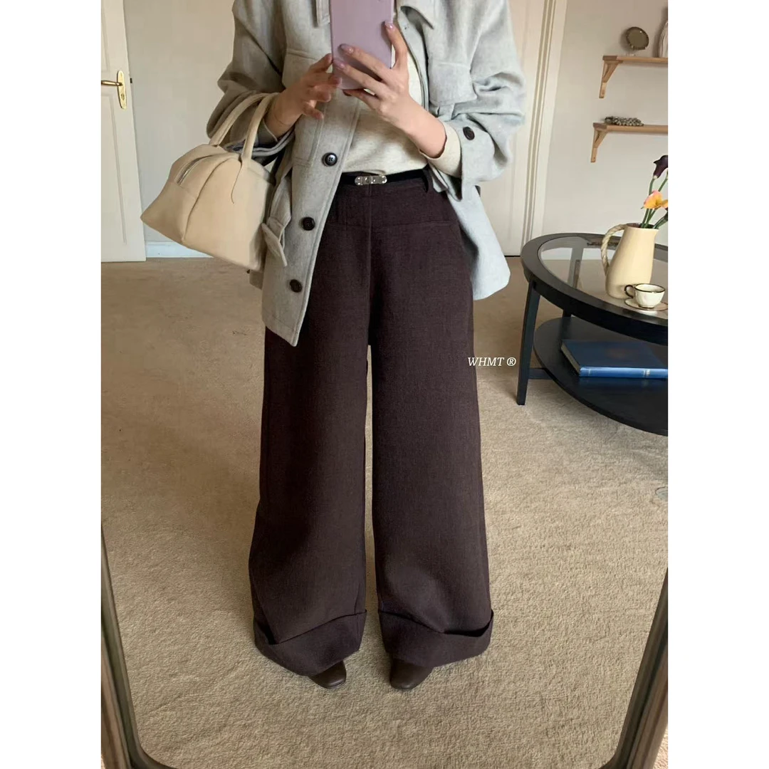 WHMT@1610 韩系简约通勤宽松卷边毛呢阔腿裤 12-5