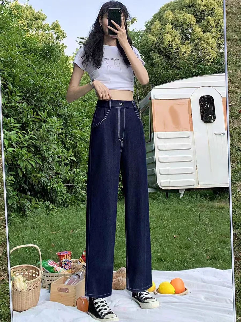 A157-102 夏季时尚百搭薄款天丝高腰阔腿裤牛仔裤