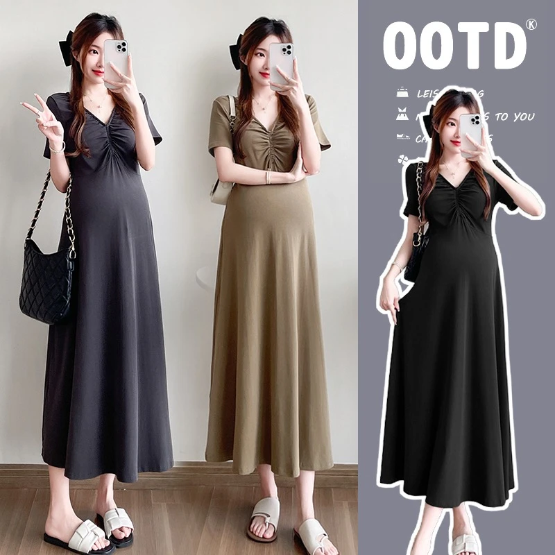 孕妇装2025夏季新款V领短袖气质显瘦纯棉弹A字辣妈连衣裙