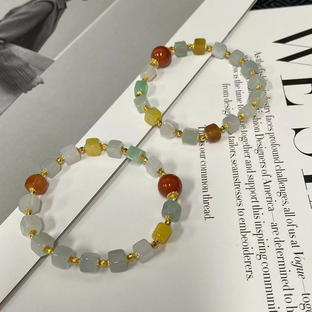 【古法 重工银镶】方糖翡翠多彩单圈玉手串手串，多样性发货1件