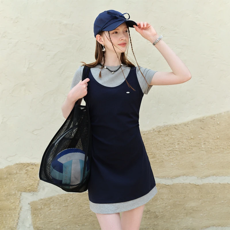 范思蓝恩学院风藏青色假两件连衣裙女夏季2025新款裙子25FS12835