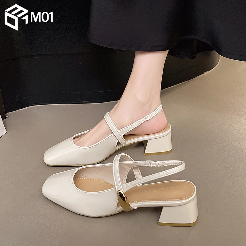 M01法式玛丽珍包头凉鞋女夏季时尚方头中跟粗跟气质晚晚后空单鞋