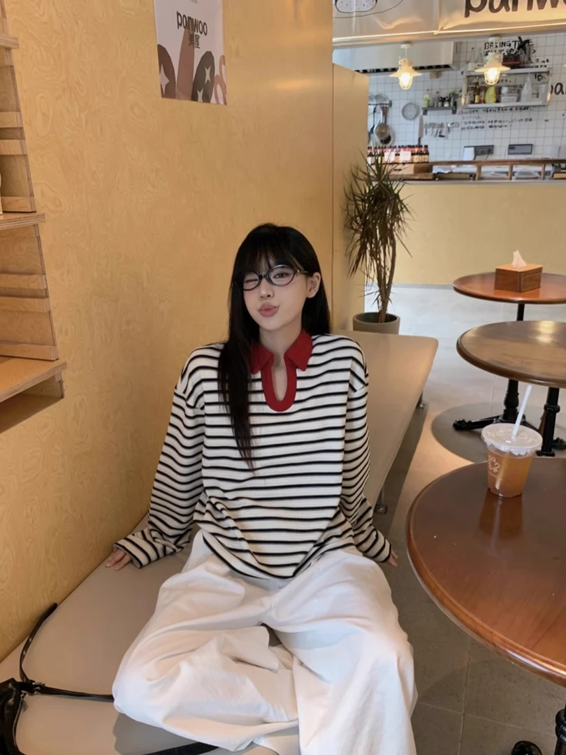 【红领条纹】J2361 2025秋款季新款宽松慵懒风条纹针织衫女