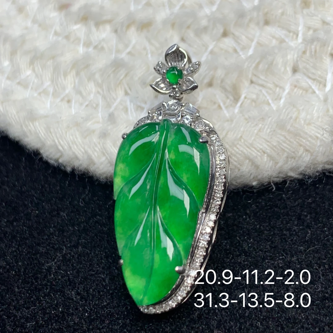 翡翠满绿叶子吊坠开盖18k金密钻镶嵌缅a新年礼物高级感送女友