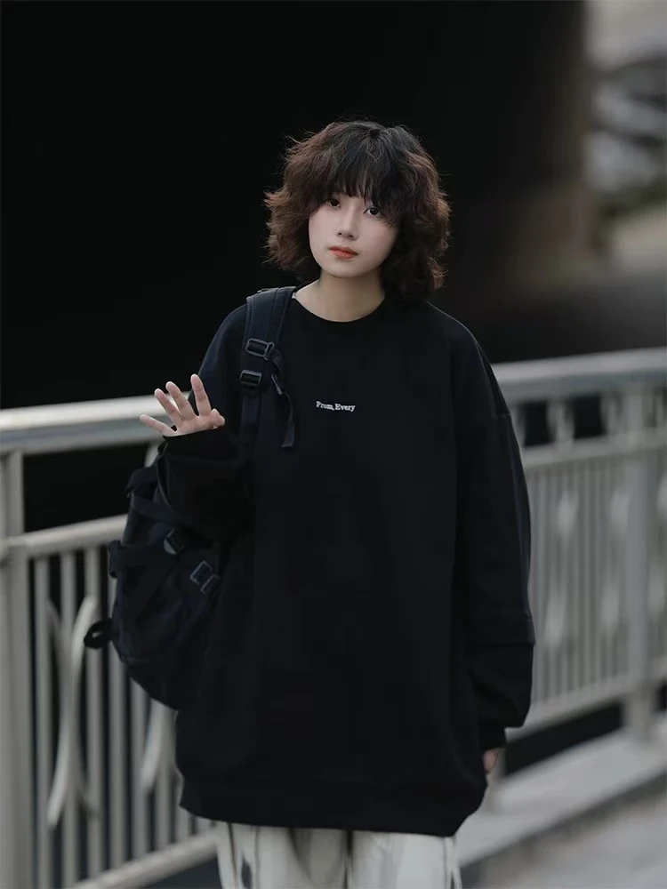 日系复古字母刺绣加绒假两件重磅卫衣男美式宽松简约上衣外套-339