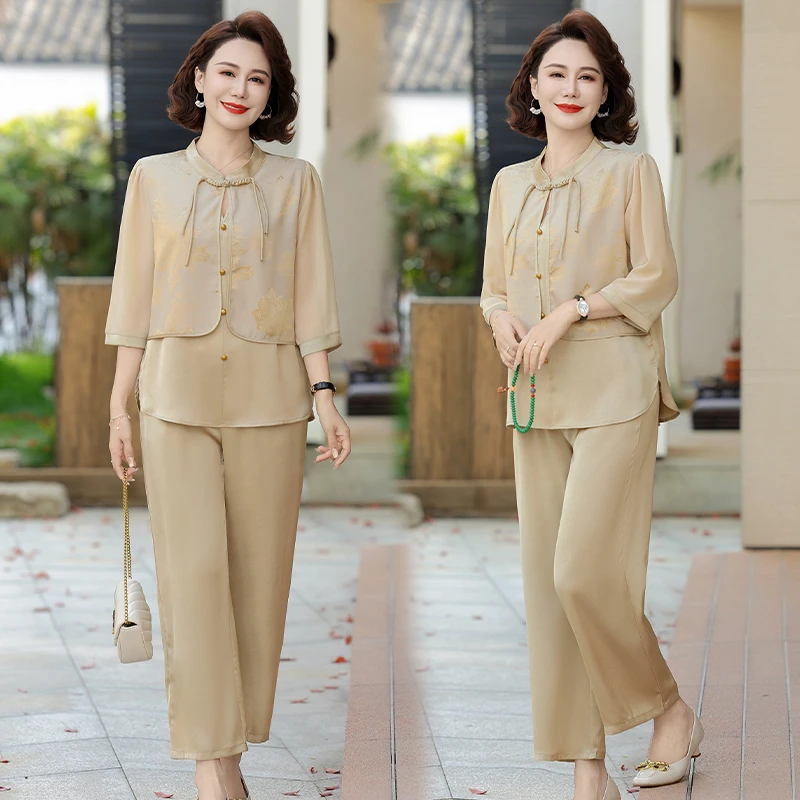 中老年妈妈夏季新款新中式套装气质优雅亲肤柔软上衣裤子两件套