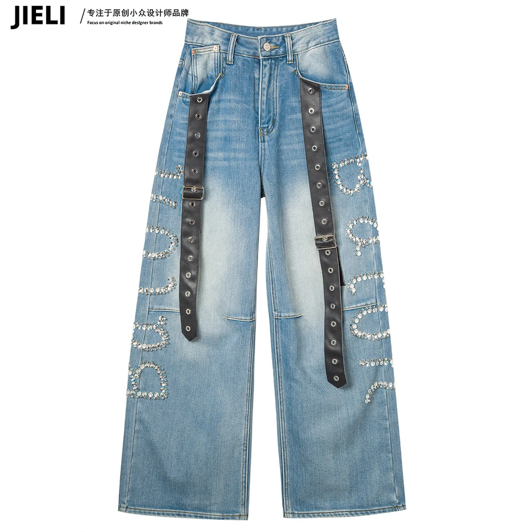 JIE LI/街力原创小众定制款高腰阔腿裤飘带蓝色牛仔裤女Y7127