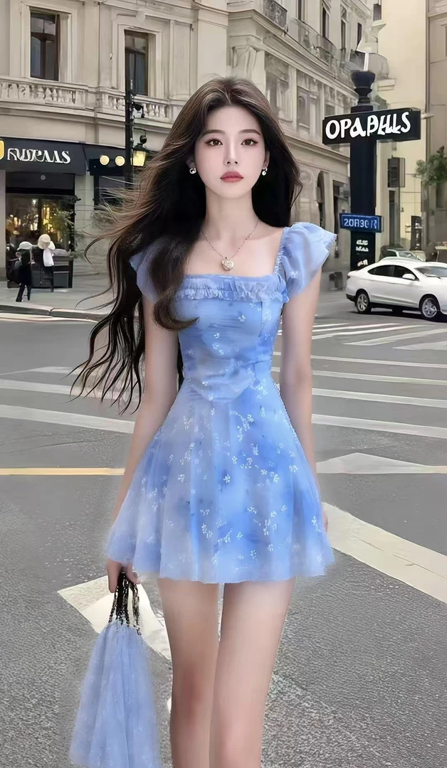 法式温柔风时尚高端大气蓝色碎花方领收腰氛围感显瘦小众连衣裙女