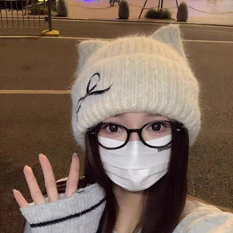 毛线帽耳朵可爱刺绣女日系复古显脸小帽子秋冬猫咪大围针织帽