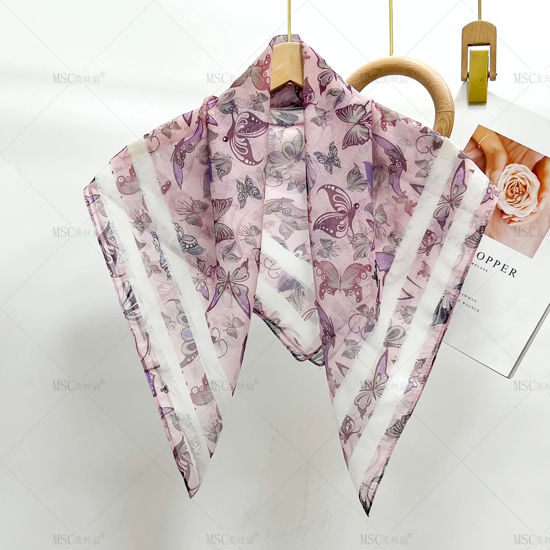 美丝宸【蝴蝶粉】高端70*70西丽纱方巾减龄显肤小丝巾百搭领巾女
