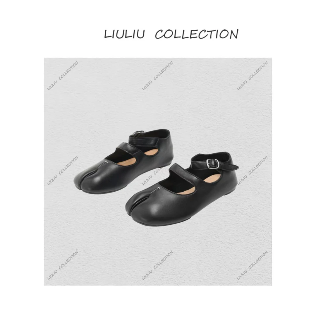双排一字扣带猪蹄马蹄分趾鞋玛丽珍单鞋女真皮平底小皮鞋 U228