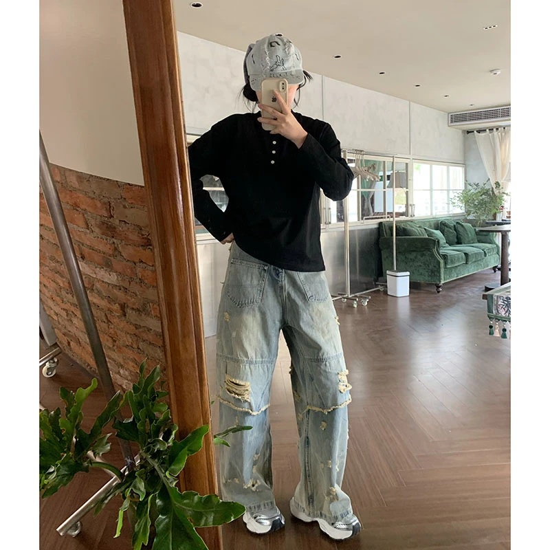 300斤美式辣妹街头做旧破洞阔腿牛仔裤秋季新款慵懒显瘦拖地长裤