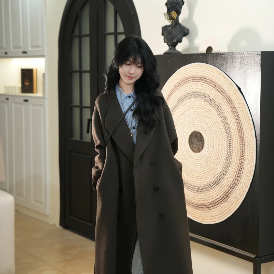 伊迪卡韩版气质双面羊毛大衣高贵时尚百搭秋冬季长款网红女装外套